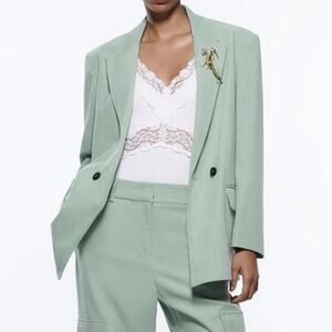Zara Double Breasted Soft Oversized Blazer Jacket Light Green Shoulder Pads